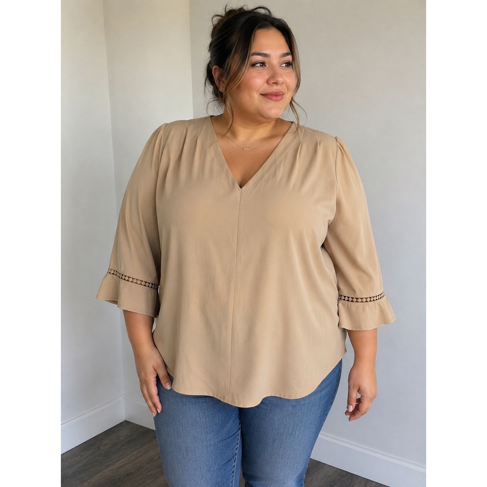 Evaless Tan V-Neck Blouse 3/4 Sleeve Crochet Lace Ruffle Cuff Top